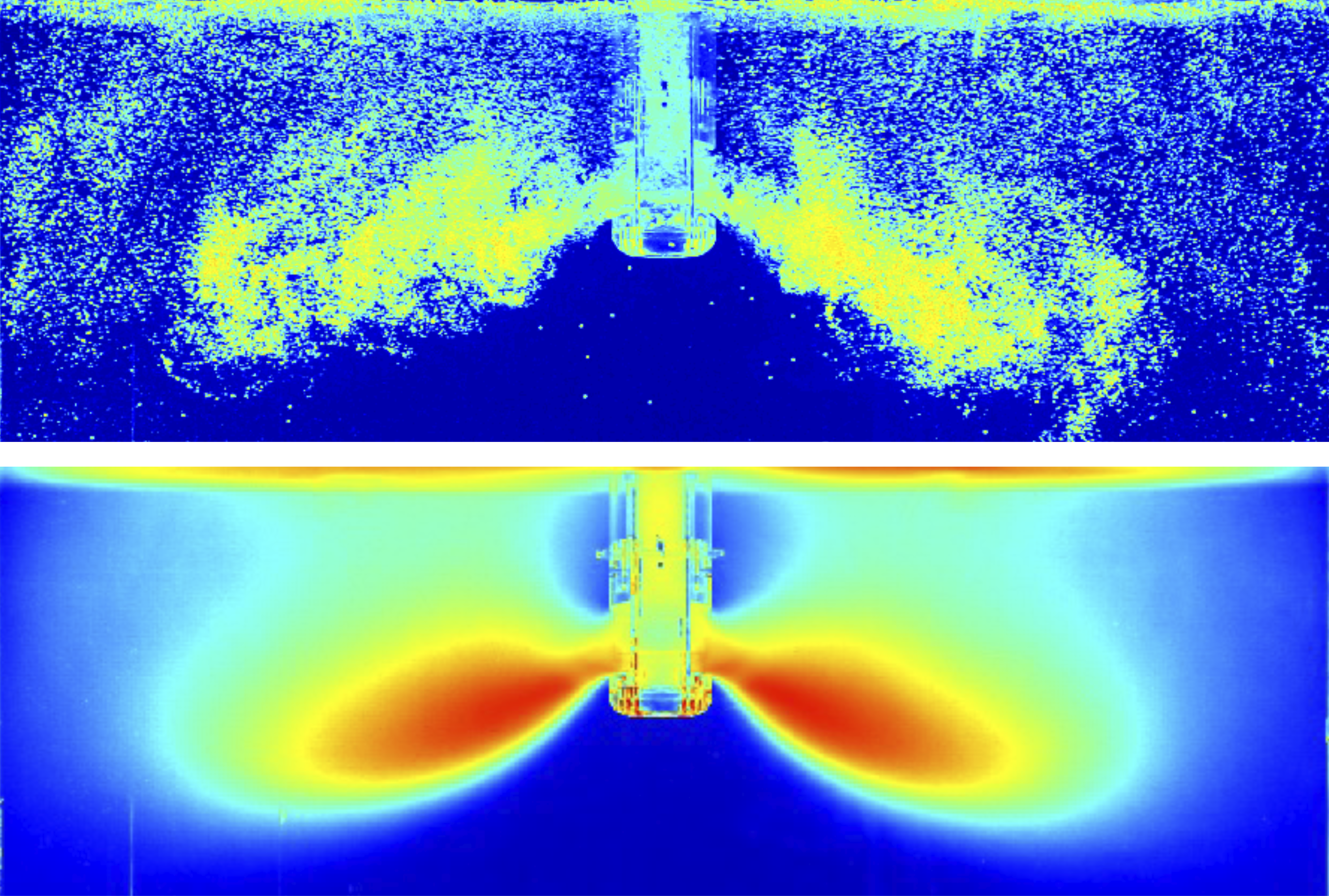 Gasblasen am skalierten Wassermodell einer Brammengießform – Schnappschuss und 120 s Zeitmittel aus Graustufenfilm (© Johannes Kepler Universität Linz, JKU-ISW und voestalpine Stahl GmbH)