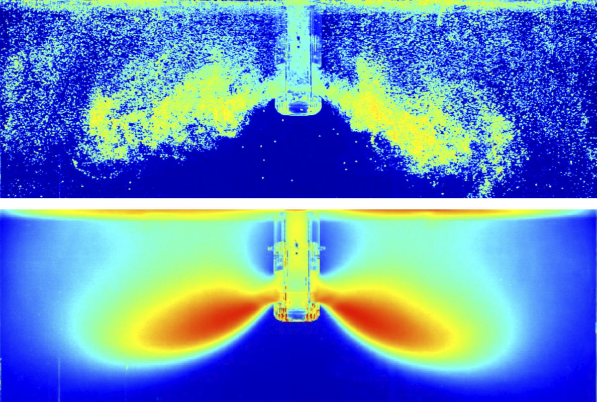Gasblasen am skalierten Wassermodell einer Brammengießform – Schnappschuss und 120 s Zeitmittel aus Graustufenfilm (© Johannes Kepler Universität Linz, JKU-ISW und voestalpine Stahl GmbH)