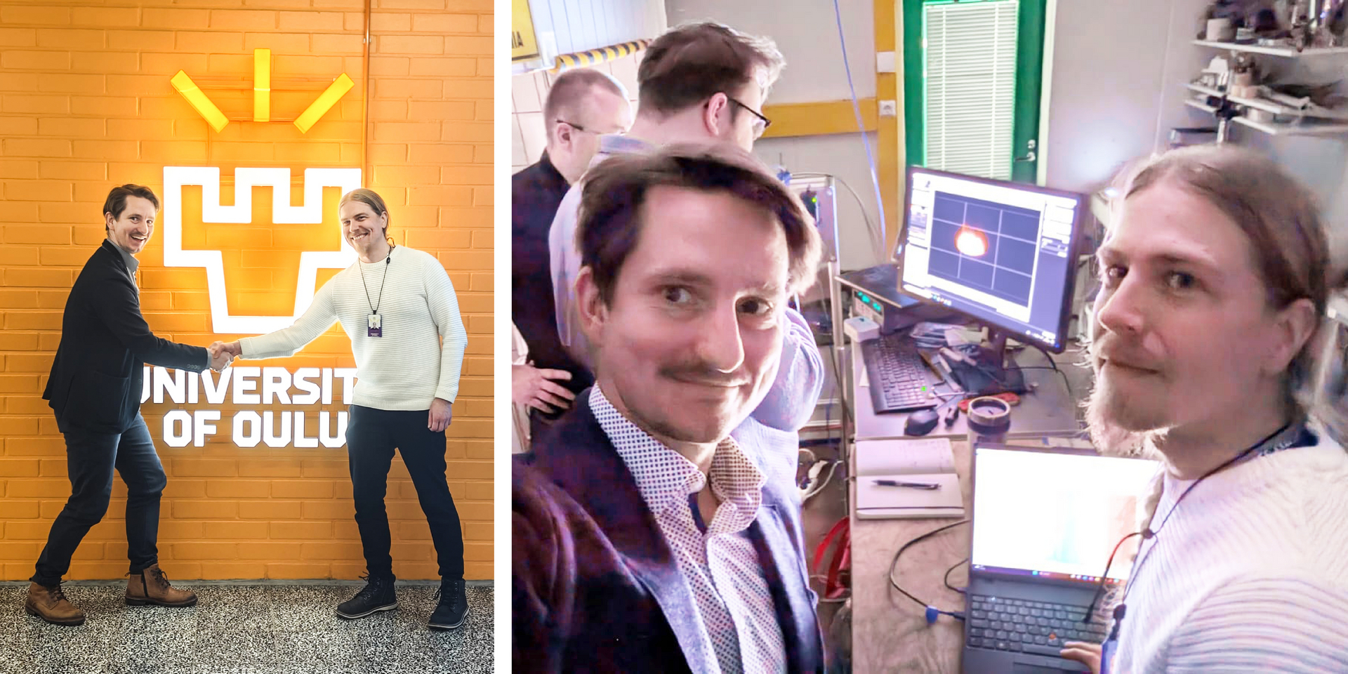 Photo left: Michael Zarl and Henri Pauna; photo right: Michael Zarl, Henri Pauna and colleagues at University of Oulu