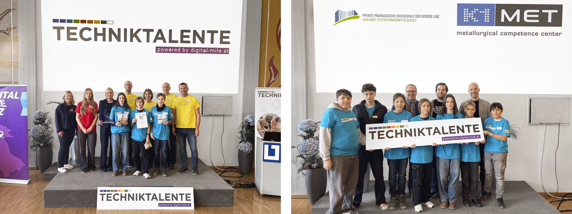 Foto links: Team „Mecha Mind“ (3. Platz, Adalbert Stifter Praxismittelschule / K1-MET); Foto rechts: alle drei Teams der Adalbert Stifter Praxismittelschule / K1-MET