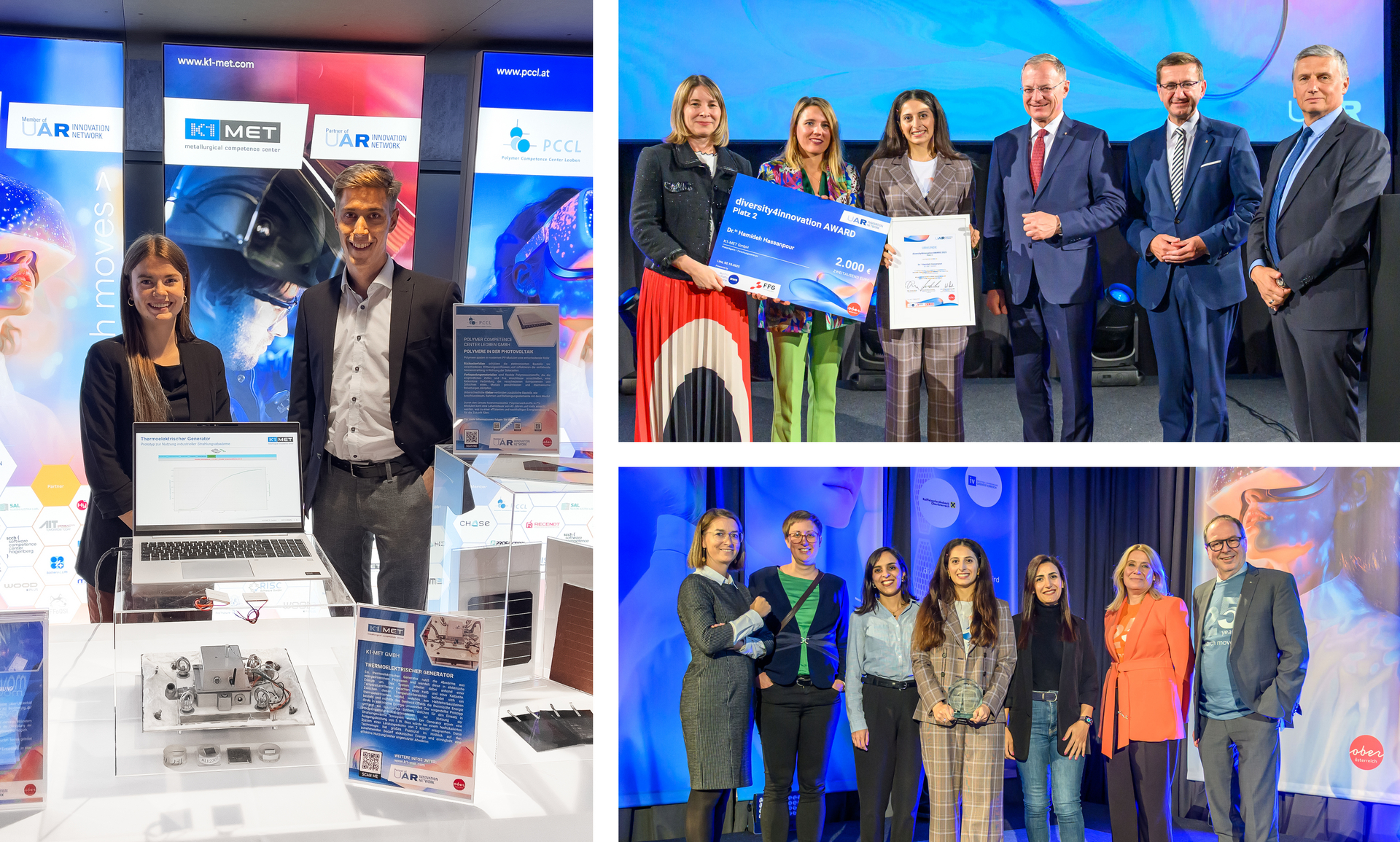 Photo left: Nadine Kleinbruckner and Lukas Gupfinger (K1-MET); photo top right: Birgit Tauber (FFG), Tanja Spennlingwimmer (aws), Hamideh Hassanpour (K1-MET), Thomas Stelzer (Governor of Upper Austria), Markus Achleitner (Provincial Minister of Upper Austria) and Wilfried Enzenhofer (CEO of UAR); photo bottom right: Irmela Kofler (K1-MET), Christine Gruber (K1-MET), Shekoofeh Saberi (K1-MET), Hamideh Hassanpour (K1-MET), Reyhane Aghaei (K1-MET), Petra Mayer-Hejna (UAR) and Thomas Buergler (CEO of K1-MET)