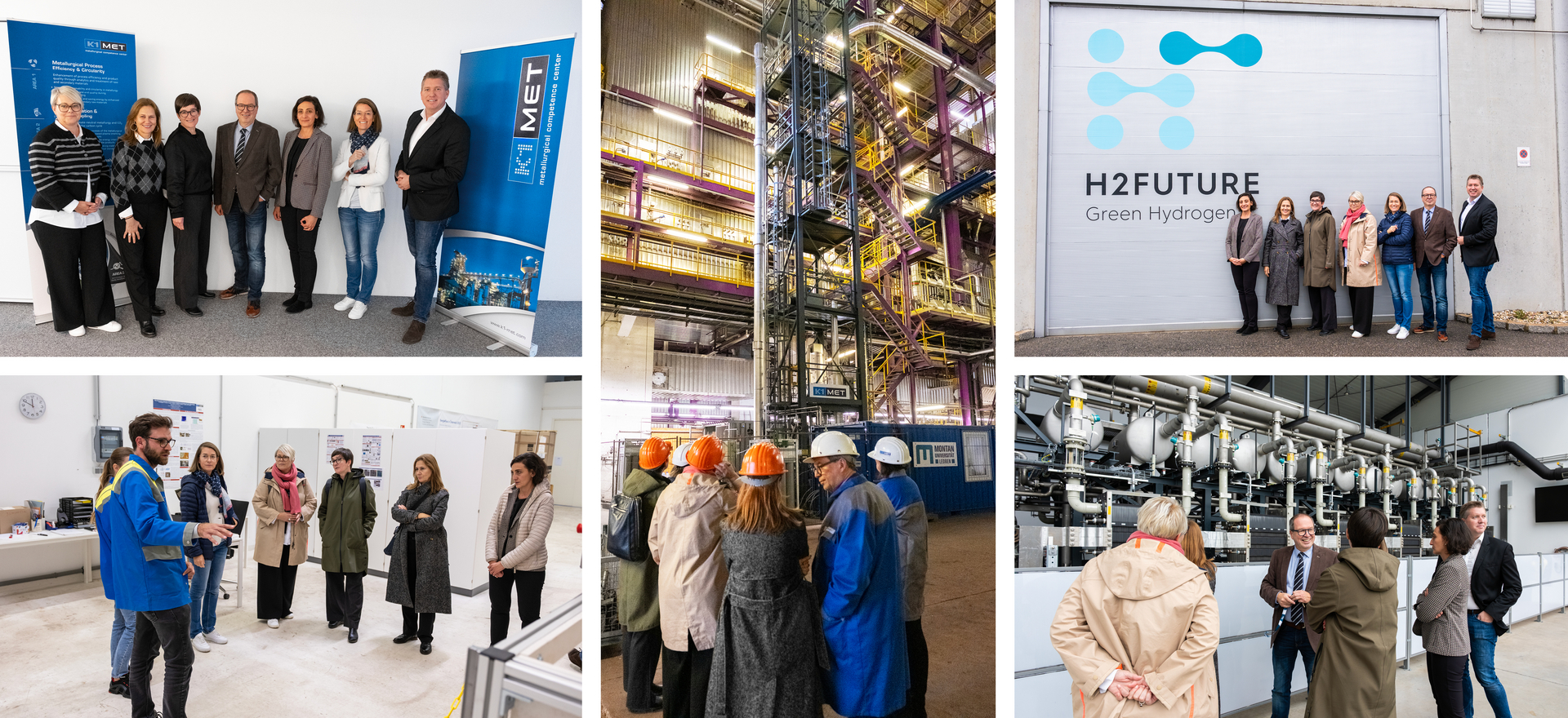 Photo top left: Silvia Laimgruber, Karin Tausz, Henrietta Spyra, Thomas Buergler, Susanne Michelic, Irmela Kofler and Gerold Huemer at K1-MET HUB; photo bottom left: visit of the laboratory and facilities at K1-MET LAB; center photo: visit of the amine scrubber; photo top and bottom right: visit of the H2FUTURE plant