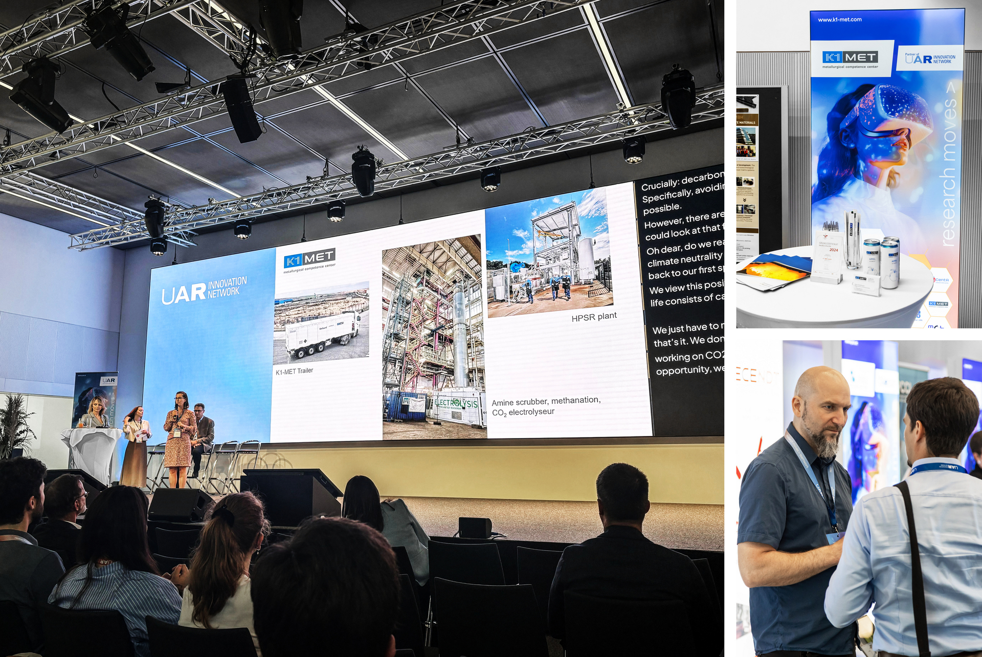 Foto links: Vortrag von Irmela Kofler, K1-MET GmbH; Foto oben rechts und unten rechts: K1-MET Ausstellungsstand; Networking mit Erwin Reichel von K1-MET (© Cityfoto_Pelzl)