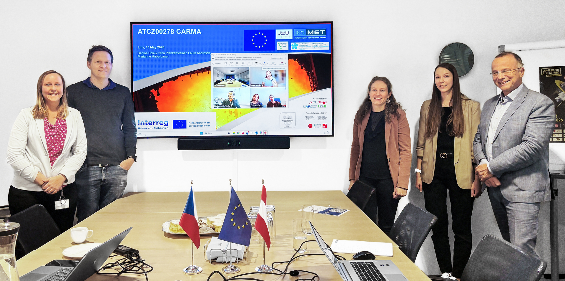 Photo from left to right: Nina Plankensteiner (K1-MET), Mark Hlawitschka (JKU), Sabine Spiess (K1-MET), Laura Androsch (K1-MET), Martin Pumera (Mendel University), online participants: Koushik Roy and Lucie Rybová (University of South Bohemia), Anna Jánová and Lenka Hynková (Mendel University)