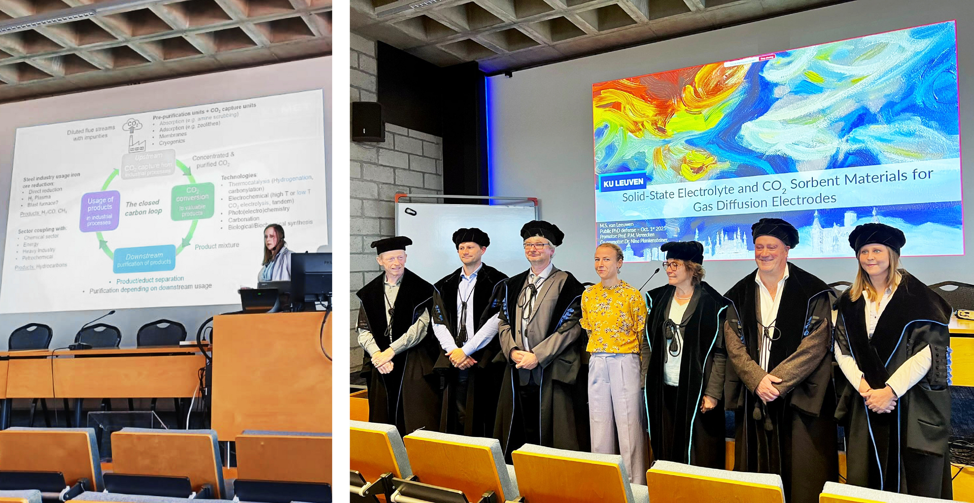 Links: Vortrag von Nina Plankensteiner; Rechts: Teil der Prüfungskommission – Prof. Joeri F.M. Denayer (Vrije Universiteit Brussel, BE), Prof. Thomas Burdyny (TU Delft, NL), Prof. Philippe M. Vereecken (Thesis Supervisor, KU Leuven), Dr. Marieke S. van Leeuwen, Prof. Nadine Buys (KU Leuven), Prof. Stefan De Gendt (KU Leuven) und Dr. Nina Plankensteiner (K1-MET)