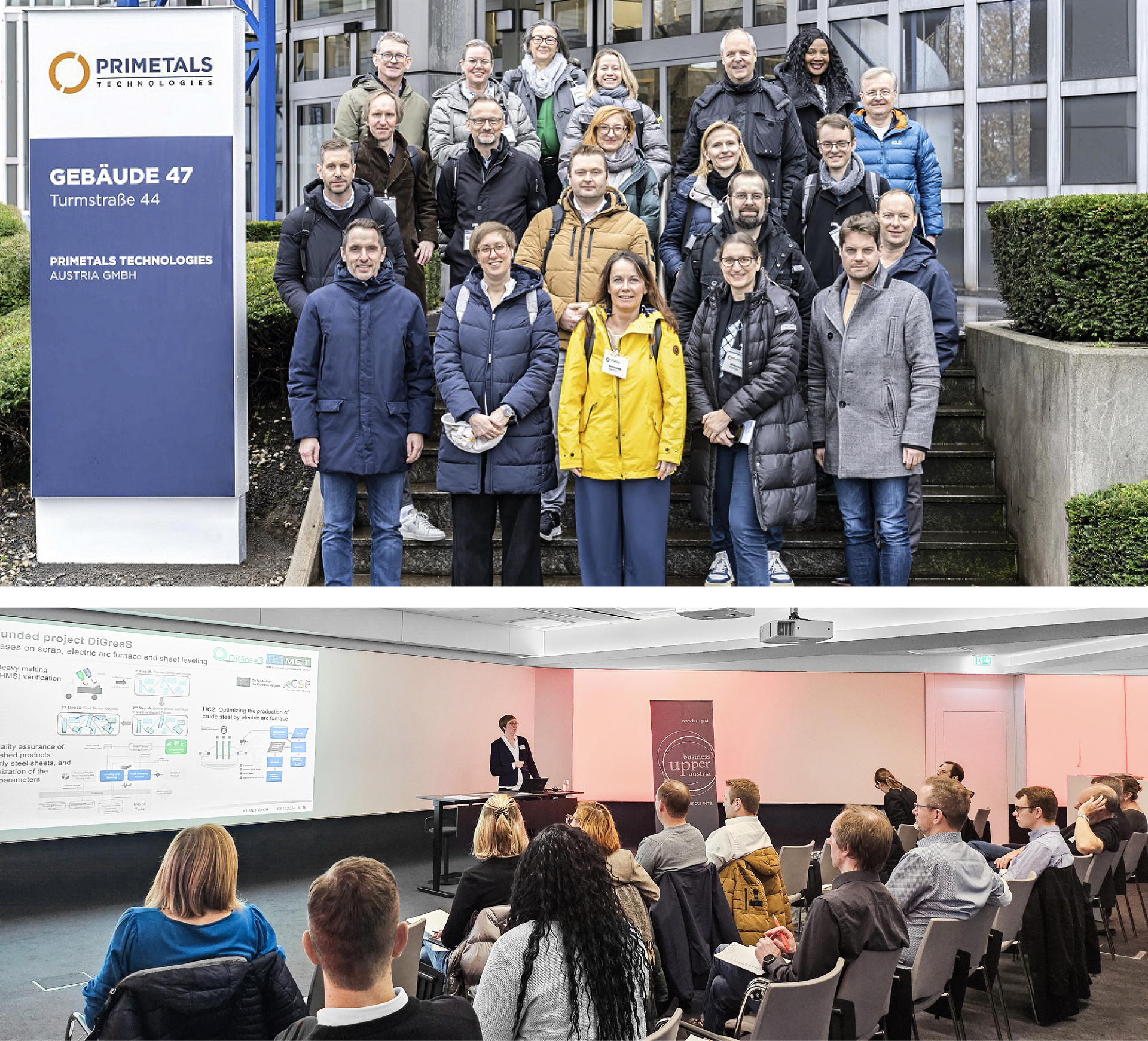 top photo: Christine Gruber (first row, second from left), ©Primetals Technologies Austria GmbH; photo below: Christine Gruber’s presentation, ©Business Upper Austria