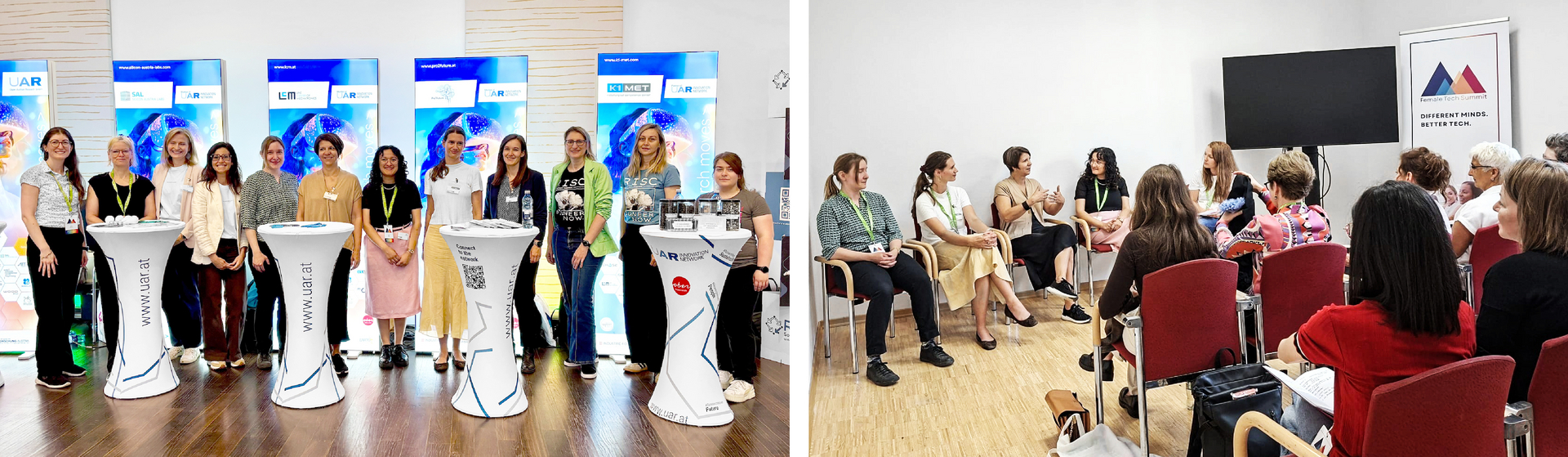 Foto links: UAR Innovation Network zusammen mit Anna Sieber (4. von rechts) und Rebeka Früholz (5. von rechts) von K1-MET; Foto rechts: Diskussionsrunde mit Rebeka Früholz (2. von links)