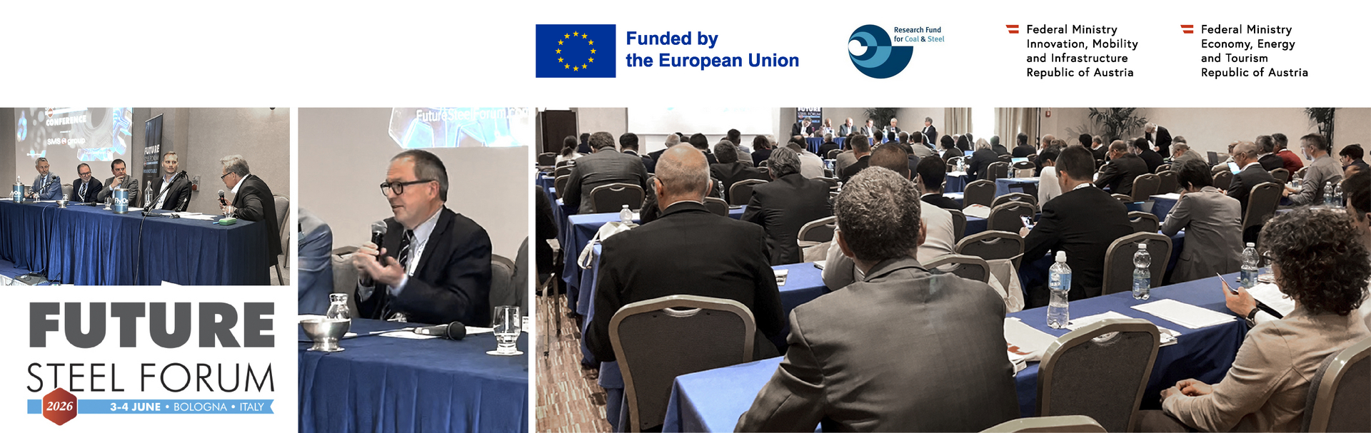Podiumsdiskussion mit Thomas Bürgler beim Future Steel Forum 2026. Gefördert von der Europäischen Union, dem Forschungsfonds für Kohle und Stahl (RFCS), dem Bundesministerium für Innovation, Mobilität und Infrastruktur der Republik Österreich sowie dem Bundesministerium für Wirtschaft, Energie und Tourismus der Republik Österreich.