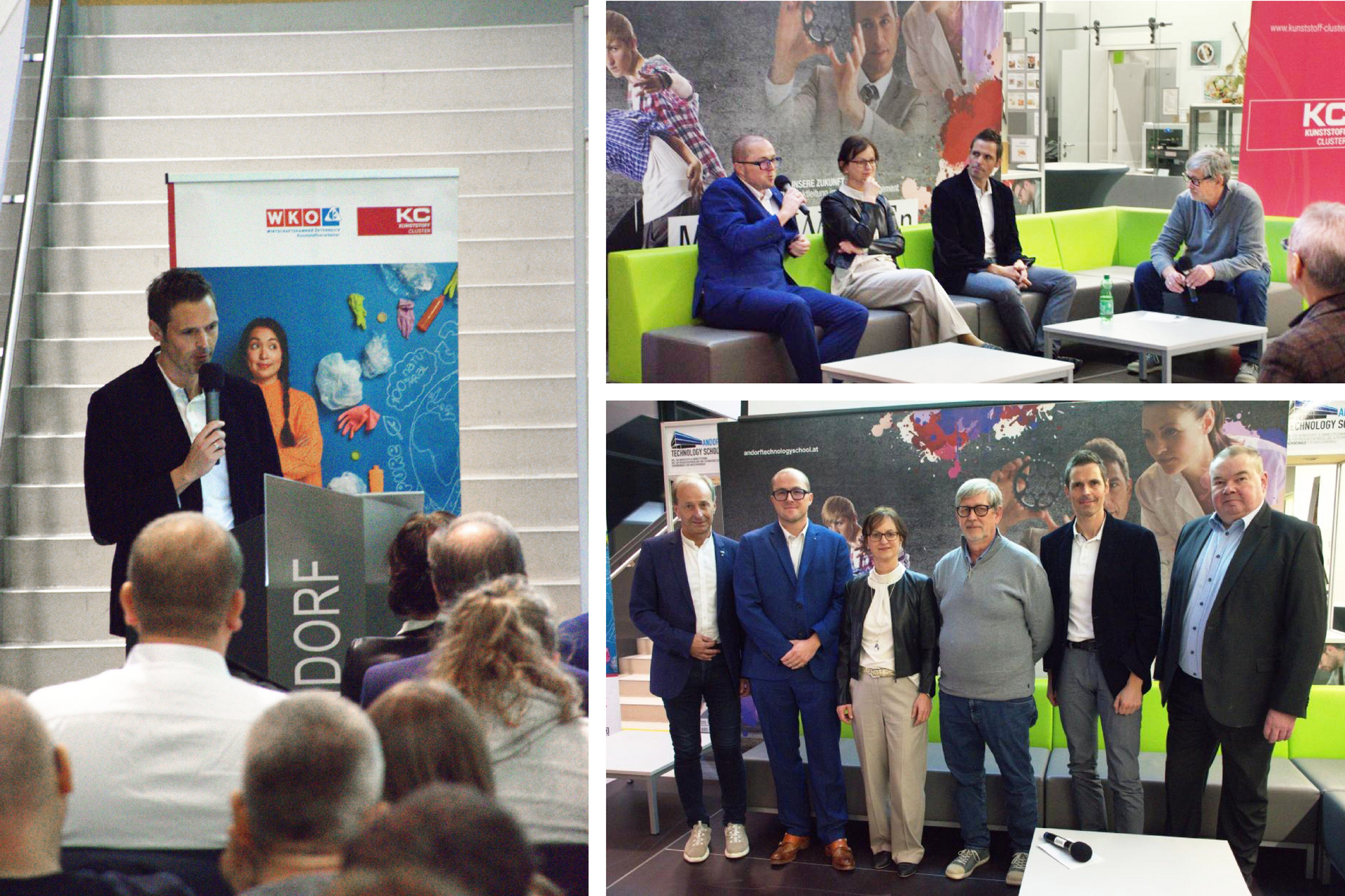 Photo left: Presentation by Johannes Rieger, K1-MET GmbH; Photo top right: Peter Rossmanith (Energie AG OOE Umwelt Service GmbH), Ruth Hatzenbichler (Zementwerk Kirchdorf), Johannes Rieger (K1-MET) and Michael Heinzlreiter (Business Upper Austria, Kunststoff-Cluster); Photo bottom right: Josef Karl (Andorf School of Technology), Peter Rossmanith (Energie AG OOE Umwelt Service GmbH), Michael Heinzlreiter (Business Upper Austria, Kunststoff-Cluster), Ruth Hatzenbichler (Zementwerk Kirchdorf), Johannes Rieger (K1-MET) and Klemens Treml (Andorf School of Technology)