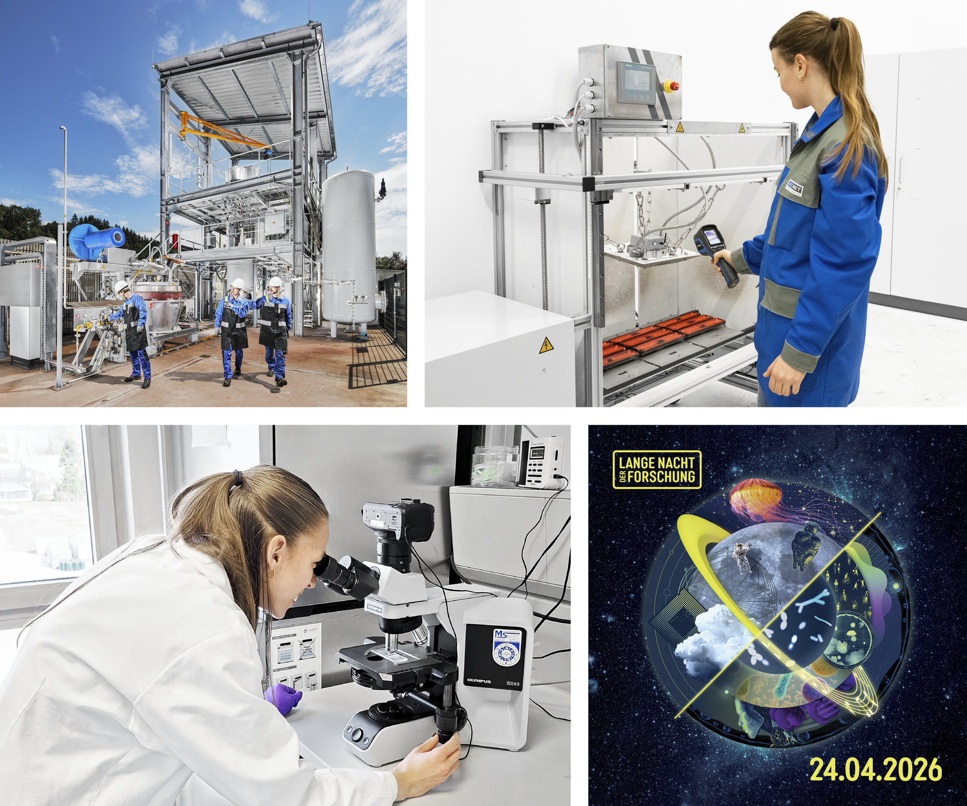 HPSR-Pilotanlage. K1-MET Forscherin im Bereich Thermoelektrizität. Wissenschaftlerin bei der Arbeit mit einem Mikroskop. Key Visual für die Lange Nacht der Forschung.