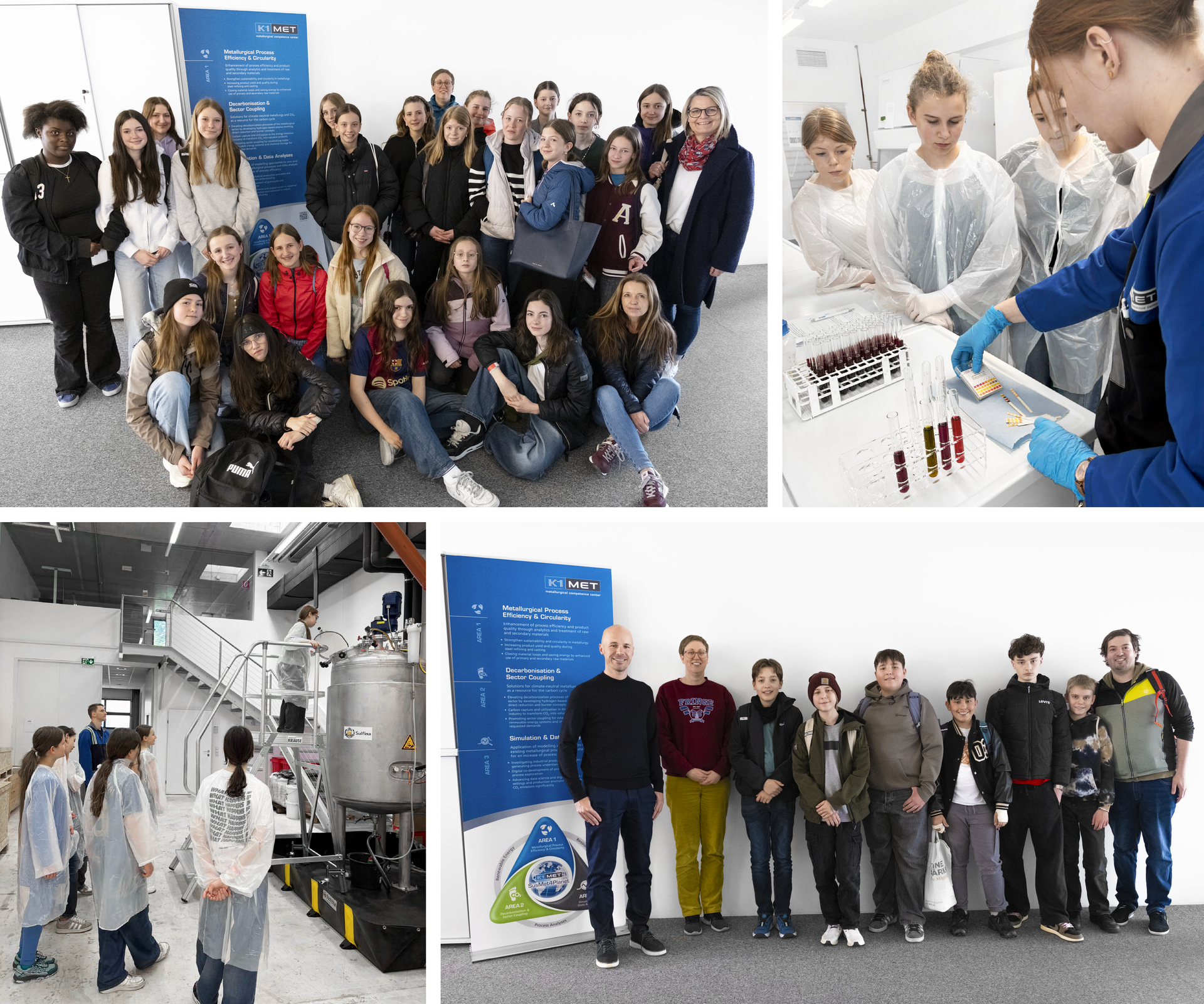 Gruppenfotos von beiden Besuchen und der Labor- und Technikumbesuche