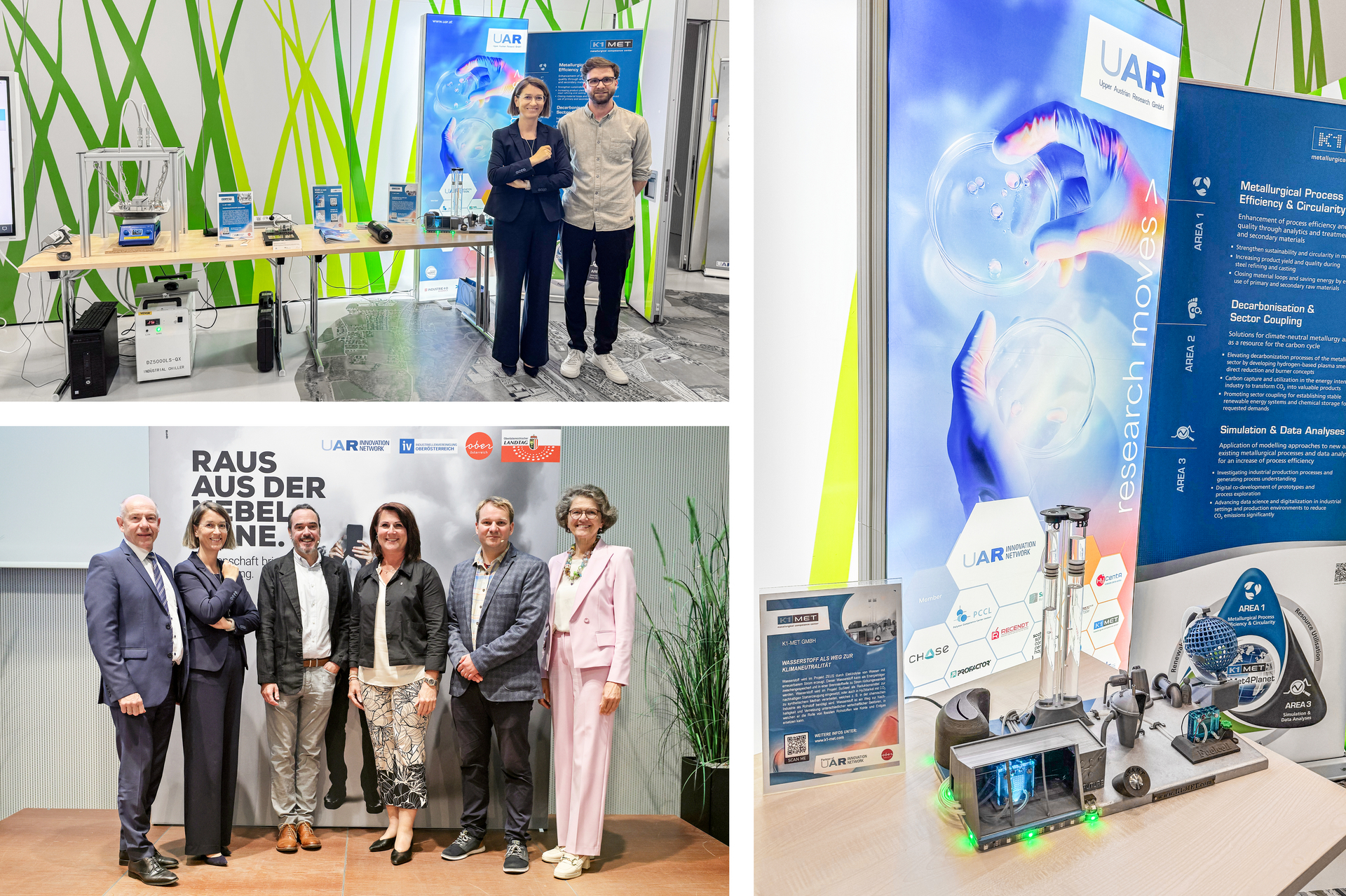 Photo top left from left to right: Irmela Kofler and Oliver Maier (K1-MET GmbH); Photo bottom left from left to right: Max Hiegelsberger (President of the Upper Austrian State Parliament), DI Dr. Irmela Kofler (K1-MET GmbH), Univ.-Prof. Dr. Johannes Reichl (JKU Energieinstitut), Sabine Binder (Second President of the Upper Austrian State Parliament), Dr. Tim Bieringer (FH OOE), Dr. Christine Haiden (Moderation) (© Land OOE/Stinglmayr); Photo right: Hydrogen exhibit